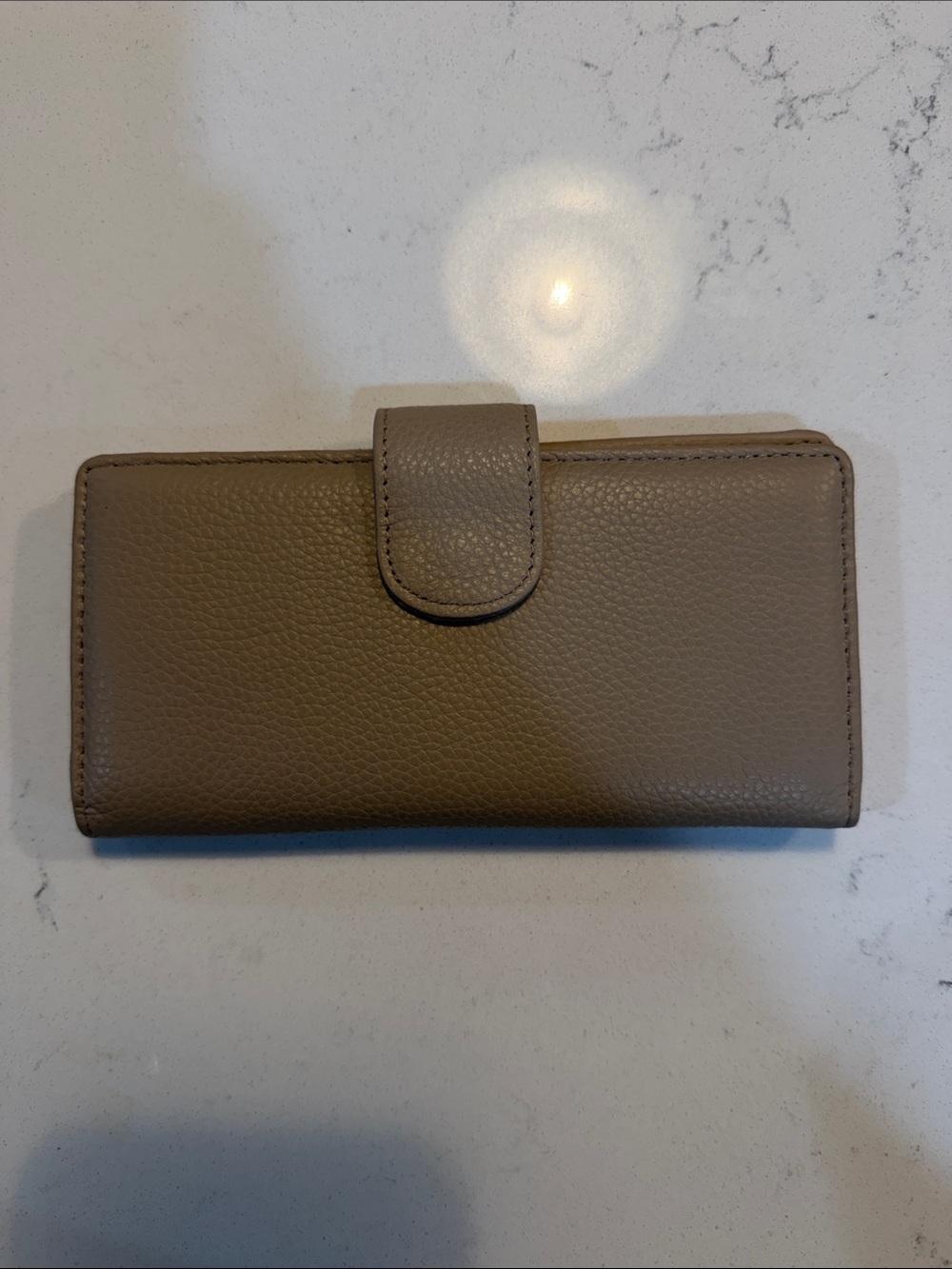 Classic Taupe Leather Long Wallet with Snap Closure